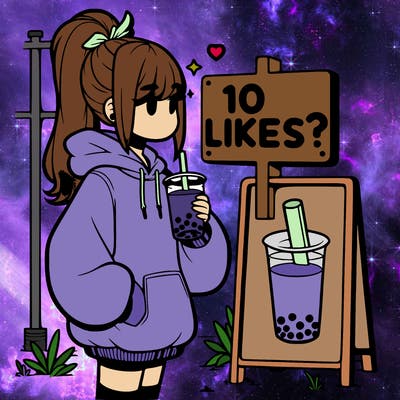girl with oversized hoodie drinking boba and she has a high ponytail with a sign that says 10likes?