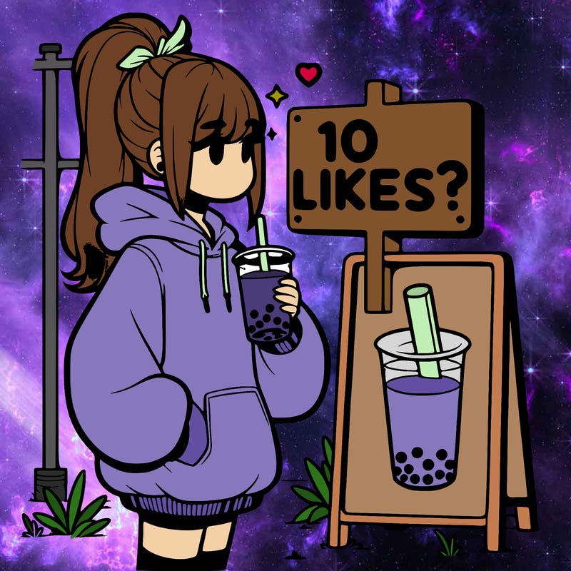 girl with oversized hoodie drinking boba and she has a high ponytail with a sign that says 10likes?