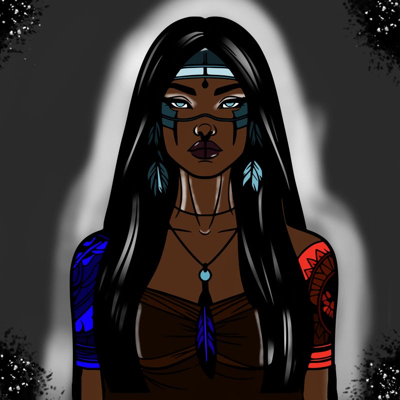 realistic native american woman gorgeous tall long hair and tattoos