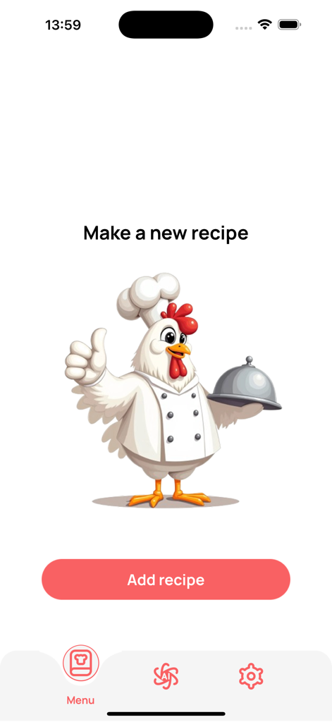 Chef Master AI interface with chicken chef mascot and add recipe button