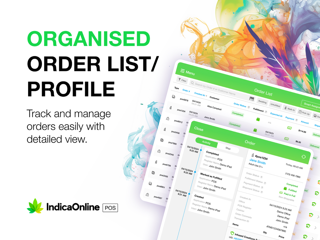 IndicaOnline POS dashboard displaying a detailed order list and customer profile for dispensary management.