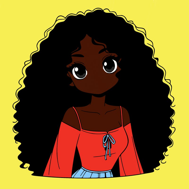 a black anime girl with long afro hair