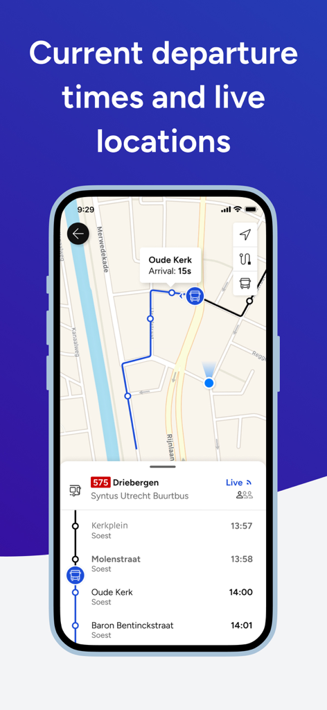 9292 app interface showing real time bus locations and departure times on a map