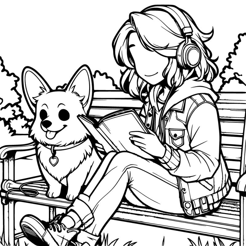 a girl sitting on a bench with a notebook studying with headphones on listening to lo-fi on a sunny day with her pet corgi next to her