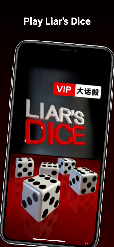 VIP Liar's Dice - VIP Liars Dice mobile app display featuring 3D white dice on a reflective red surface