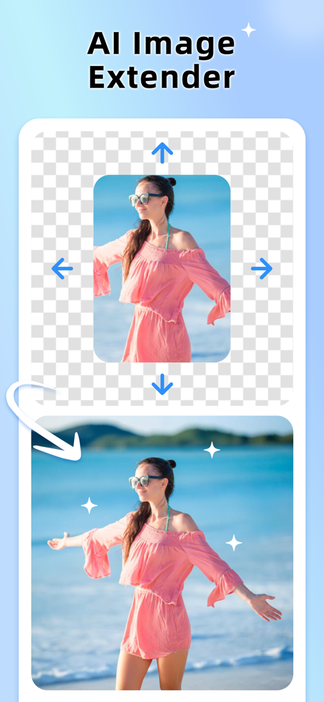 AI Photo Editor - Picsman - Interfaz que muestra la herramienta Expansor de Imágenes IA en Picsman expandiendo una foto de playa de una mujer