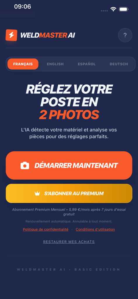 Weldmaster AI - Tela de boas-vindas do aplicativo Weldmaster AI mostrando opções para iniciar o escaneamento ou assinar o premium.