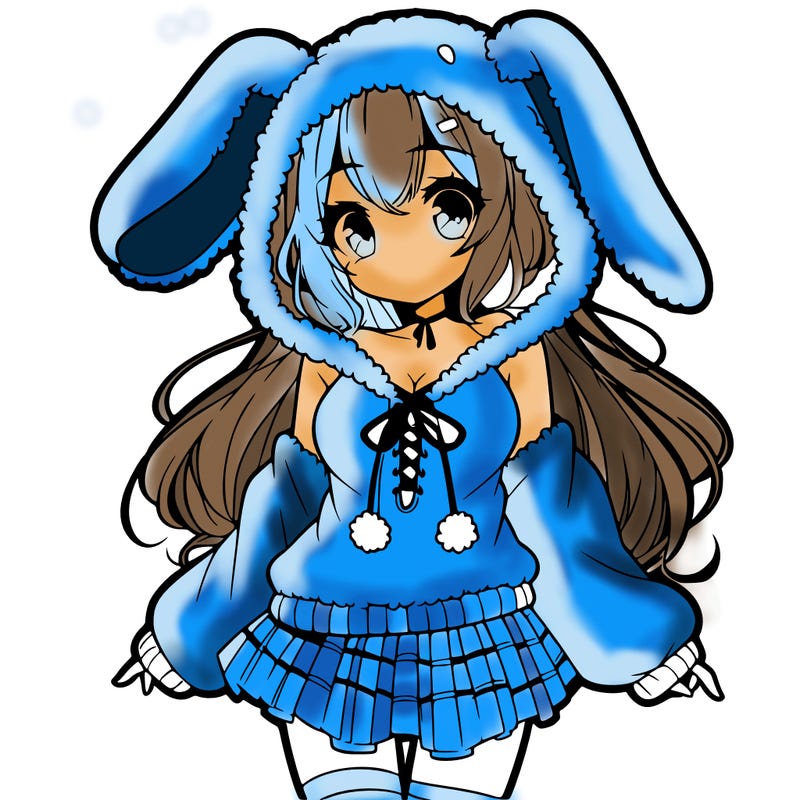 pretty anime girl wearing a fluffy hoodie with bunny ears on the hood and a skirt
