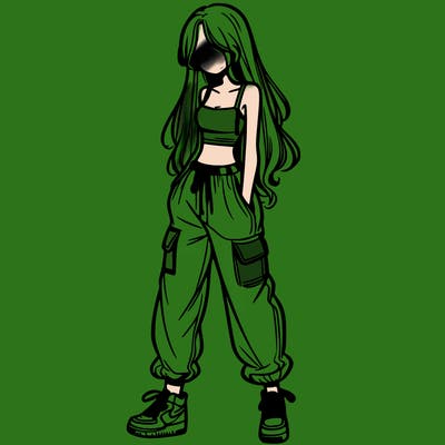 girl in baggy pants crop top and long hair