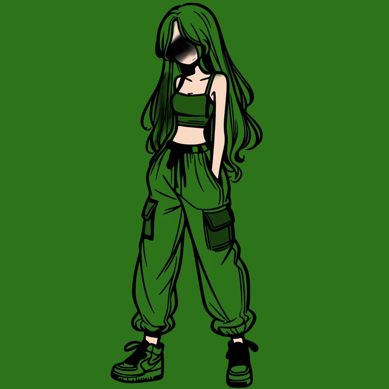 girl in baggy pants crop top and long hair