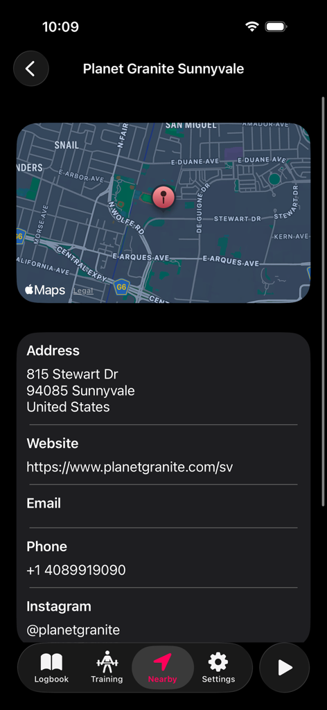 Redpoint: Bouldering, Climbing - A screen in the Redpoint app displaying details for a climbing gym including a map, address, website, and contact information.