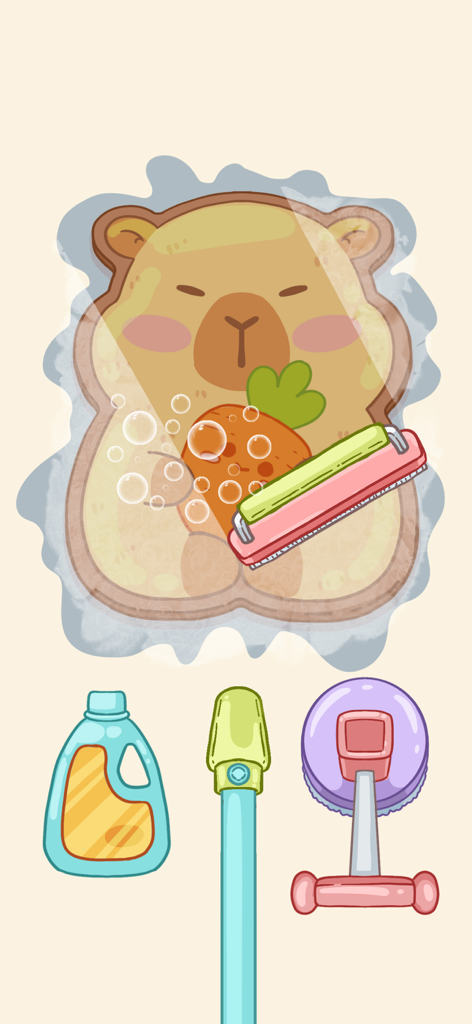 Satiszone: Perfect ASMR Tidy - Satisfying cleaning level featuring a cute capybara and various cleaning tools in Satiszone game