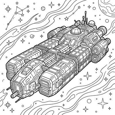 Embark on an interstellar adventure with this captivating coloring page featuring a massive cargo transport vessel. Its intricate details and surrounding cosmic elements promise hours of creative fun.