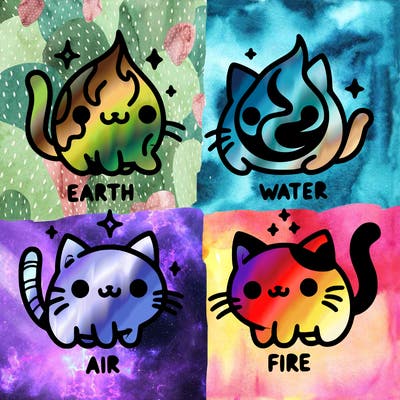 4 cats that represent the different elements, earth, water, air, and fire
