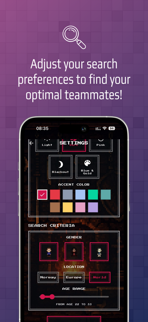 Arena - Meet Gamers - Schermata delle impostazioni dell'app Arena che mostra opzioni di personalizzazione per tema e criteri di ricerca come genere, posizione e fascia d'età