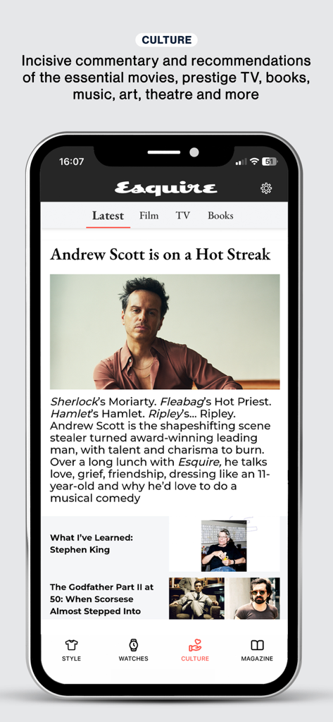 Esquire UK - Esquire UK mobile app screen showing the culture section with an featured article about actor Andrew Scott.