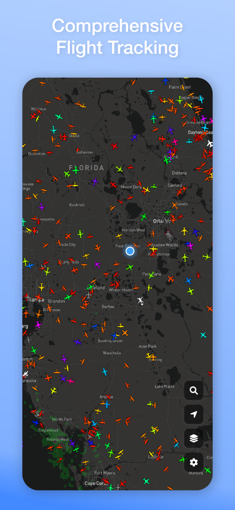 Comprehensive flight tracking radar map showing real time air traffic over Florida