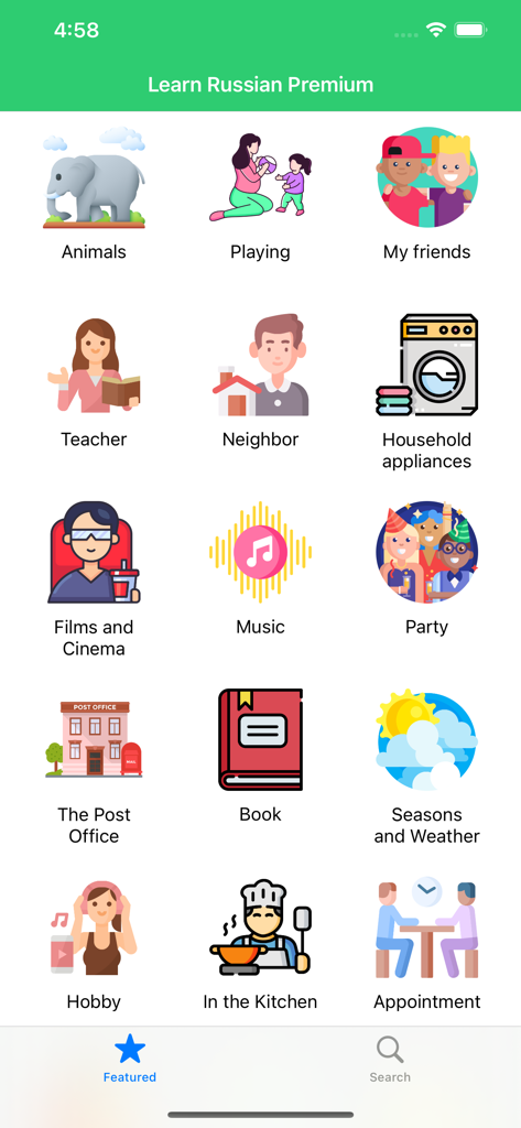 Learn Russian Premium - Interfaz de la aplicación Aprende Ruso Premium mostrando una cuadrícula de categorías de vocabulario práctico como animales, profesor y pasatiempos