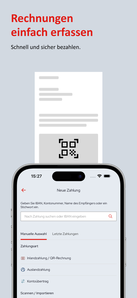 Interface do aplicativo móvel Regiobank mostrando opções de digitalização de faturas QR e pagamento