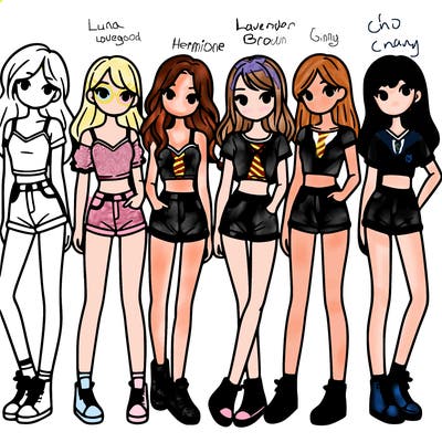 a group of girls wearing crop tops and shorts