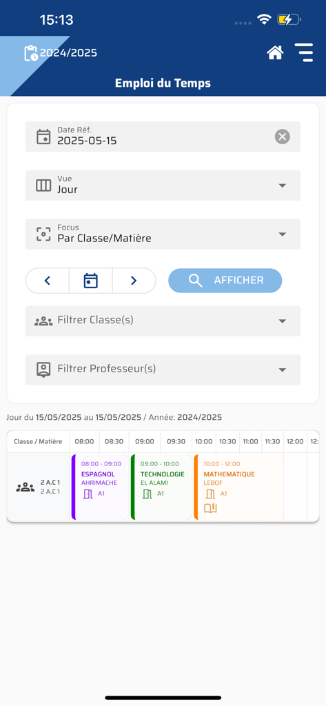 G-EcolePlus - Interfaz del horario escolar diario en la aplicación G-EcolePlus que muestra las clases programadas y los filtros de búsqueda