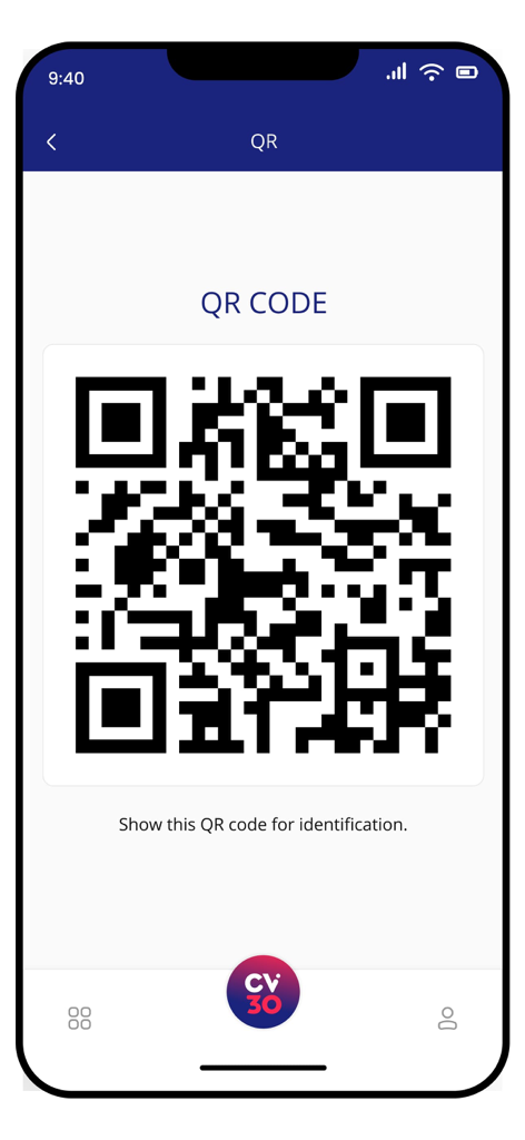 CV30 - Schermata dell'app CV30 che mostra un codice QR personale utilizzato per l'identificazione dell'utente agli eventi delle campagne esclusive.