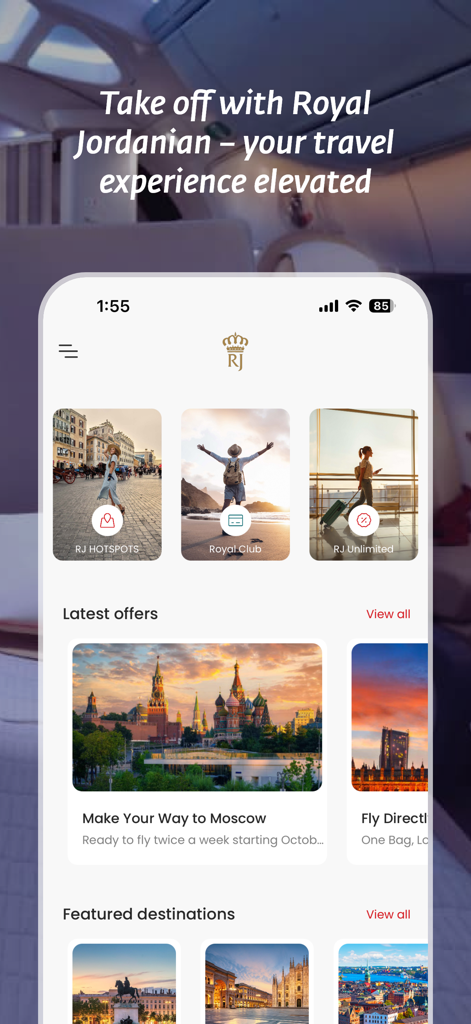 Royal Jordanian Airlines - 로열 요르단 항공 앱의 홈 화면, 여행 제안 및 추천 여행지 표시.