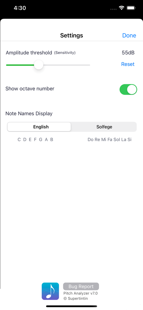 The settings interface of Pitch Analyzer showing sensitivity levels and musical note naming options