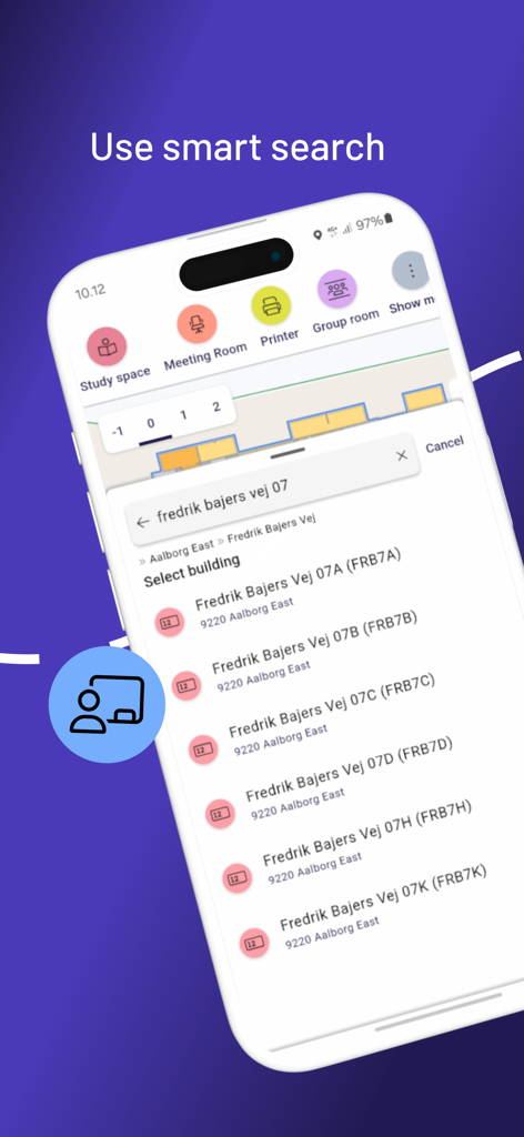 AAU Map - Schermata dell'app mobile Mappa AAU che visualizza la funzione di ricerca intelligente per gli edifici universitari e i filtri per le aule.