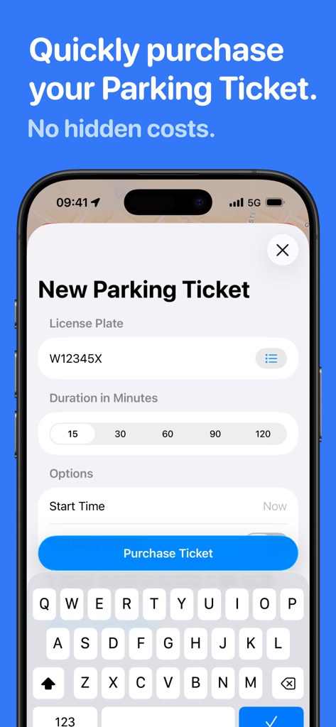 Parking Zones Vienna - Mobile app interface for entering license plate and duration to purchase a parking ticket in Vienna