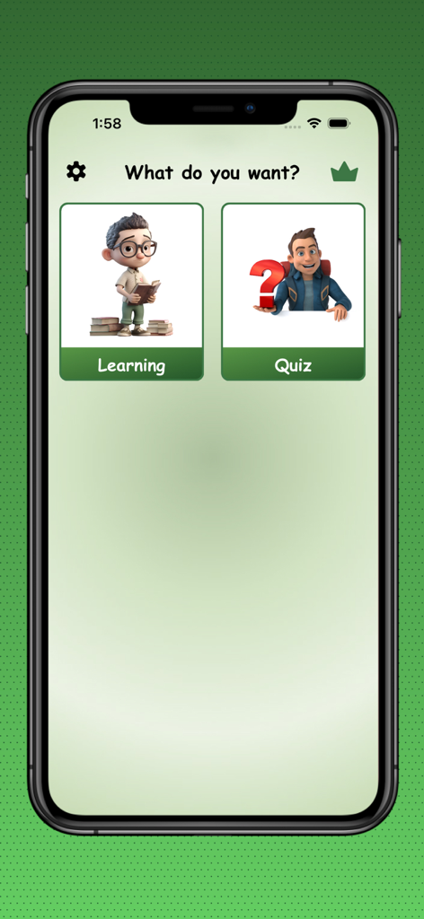 Kids Learning and Quiz app screen showing options for Learning and Quiz modes.