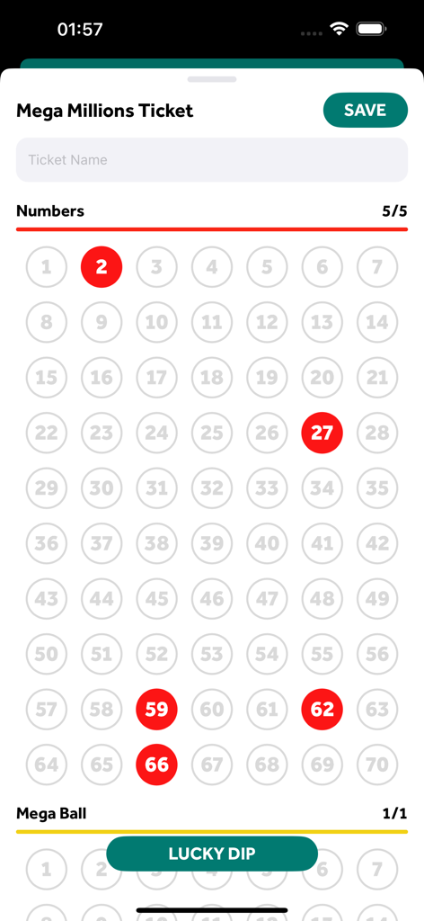Florida Lottery Scanner - Manual number entry screen for a Mega Millions ticket in the Florida Lottery app