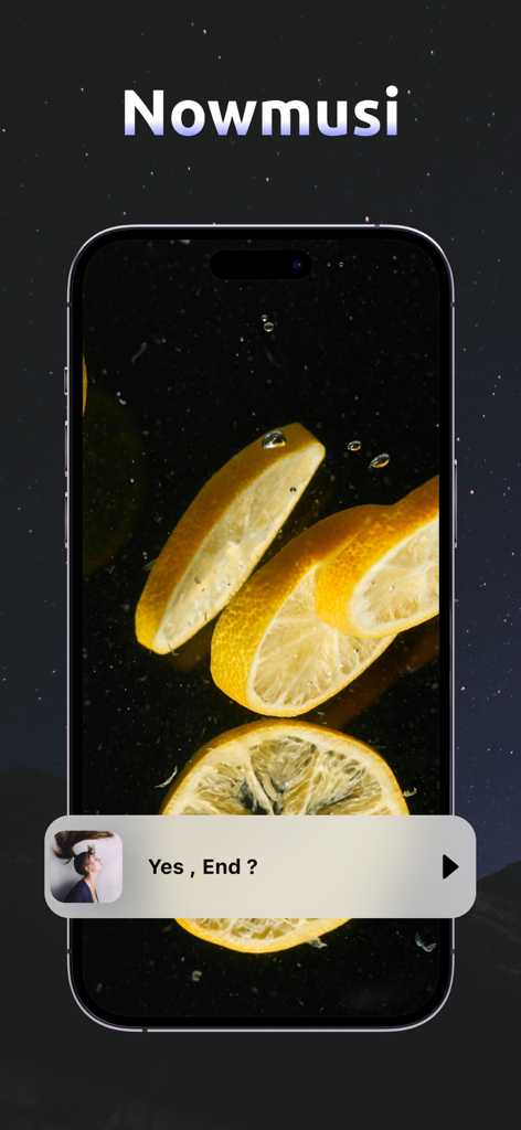 Interfaz de la aplicación de música de alarma Nowmusi que muestra un fondo estético de limón y un widget de reproductor de música