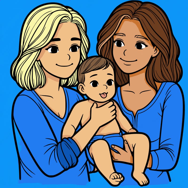 two realistic women holding one baby together