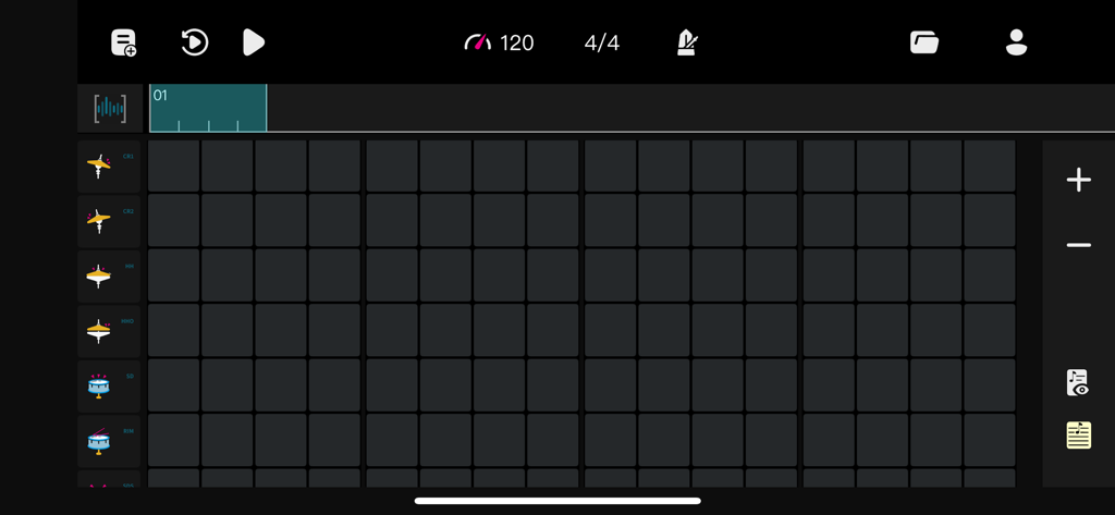 DrumScore - Drum Sheet Music - A grid-based drum score editing interface showing various drum set icons and a sequencer layout.