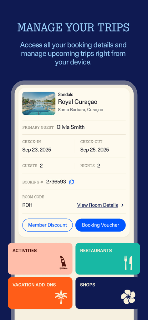 Sandals & Beaches Resorts - Interfaccia dell'app Sandals e Beaches Resorts che mostra i dettagli della prenotazione per Royal Curacao