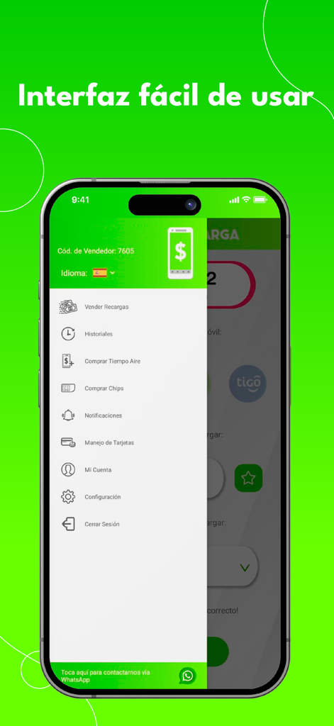 YoVendoRecarga mobile app showing a side menu with options for selling airtime and managing top-ups in Spanish