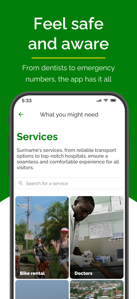 수리남 앱 서비스 화면에 현지 교통 및 의료 옵션이 표시됩니다.