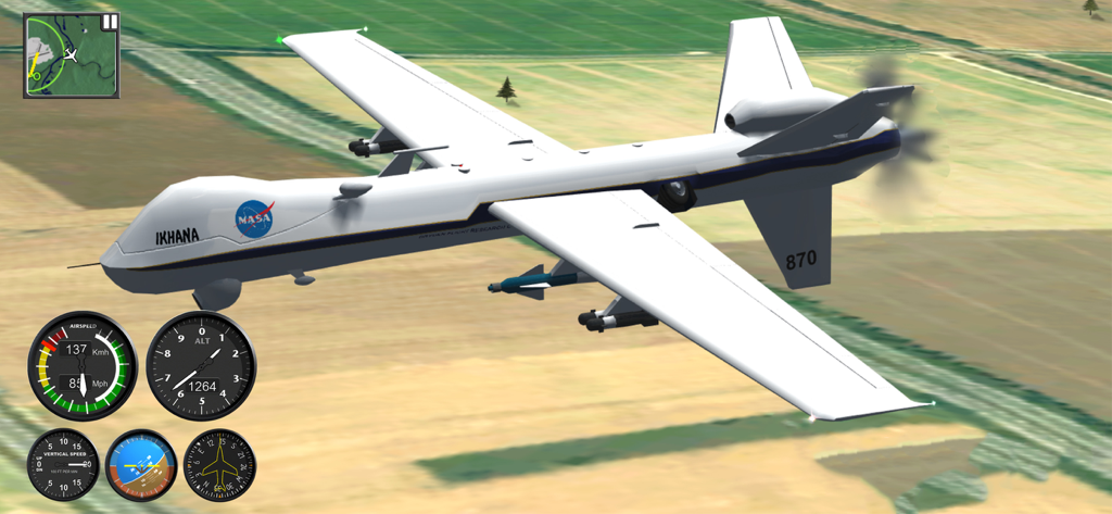 Flight Simulator FlyWings 2015 - Un dron Ikhana de la NASA volando sobre un paisaje rural en el juego móvil Flight Simulator FlyWings 2015 con instrumentos de vuelo