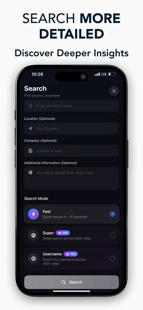 Deep Truth AI Search - Interfaz de la aplicación Deep Truth AI Search que muestra campos detallados de búsqueda de personas y modos de búsqueda premium.