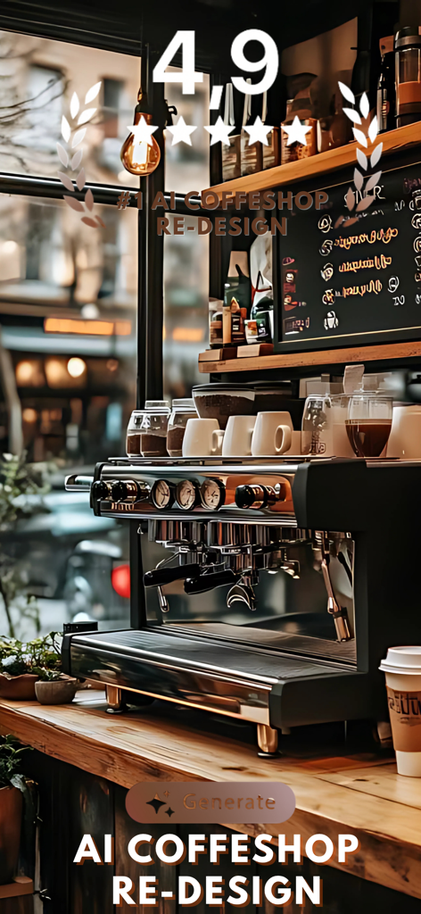 AI Coffee Shop Decorations - AI Coffee Shop Redesign app interface showing a professional espresso machine and a 4.9 star rating