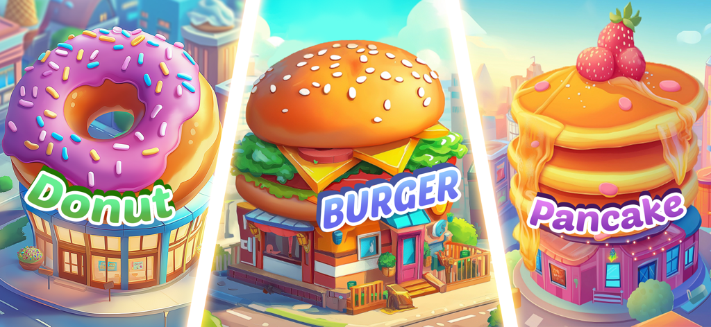 Cooking Time: Cooking Game - Ilustración de tres tiendas de comida diferentes con una rosquilla gigante, hamburguesa y pila de panqueques