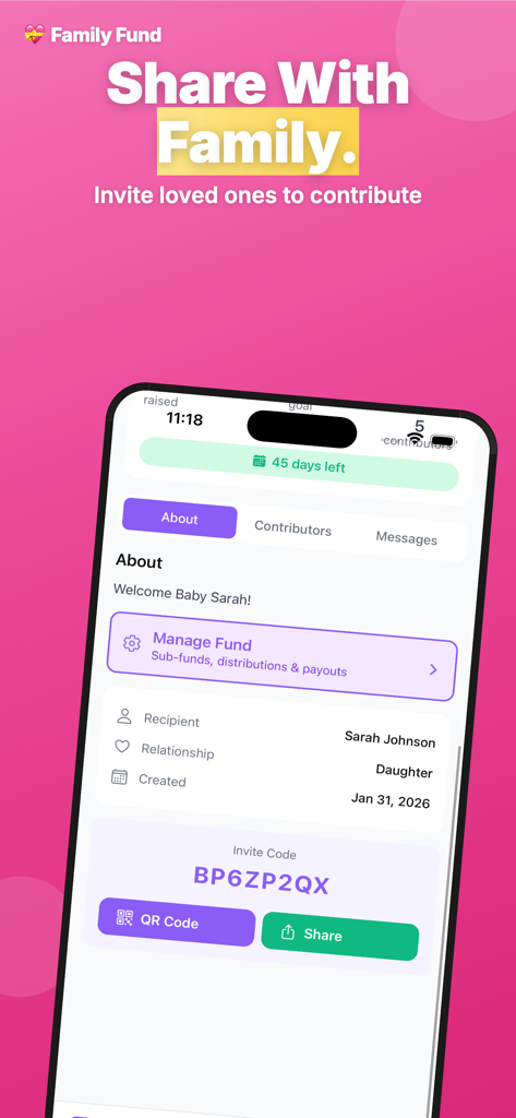 SUSU Circles - Mobile app interface for inviting family to contribute to a savings fund
