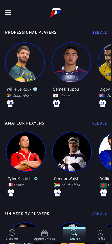 Suchbildschirm der P2P Sport App mit Kategorien für professionelle, Amateur- und Universitätsprofile von Athleten mit ihren jeweiligen Ländern und Positionen