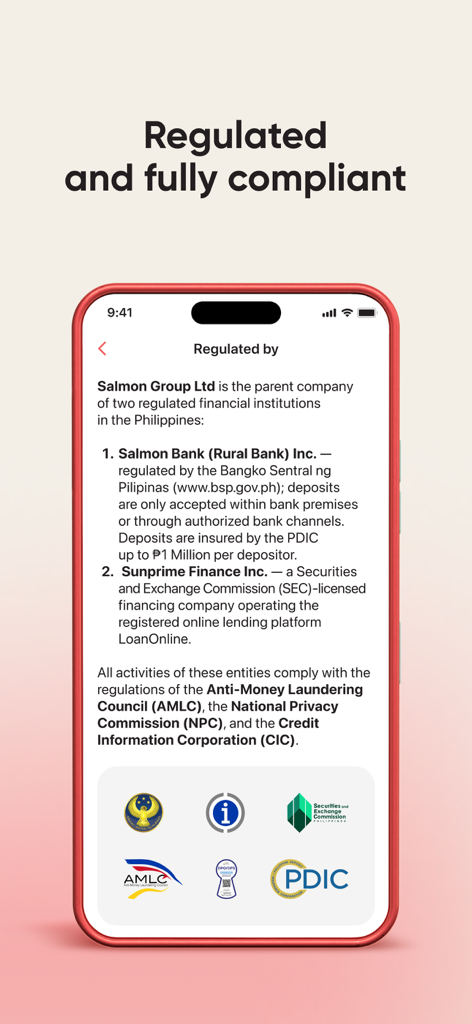 Salmon app screen detailing its regulatory compliance and licensed status with Philippine financial institutions.