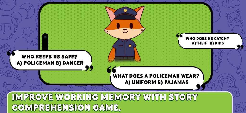 Speakaroo: Speech Therapy - Speakaroo story comprehension game featuring a fox policeman and interactive questions to improve working memory.
