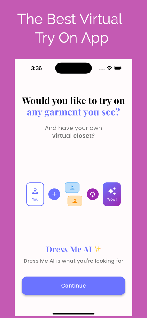 Dress Me AI - Outfits Try On - Dress Me AI app onboarding screen featuring virtual try on and wardrobe management tools.