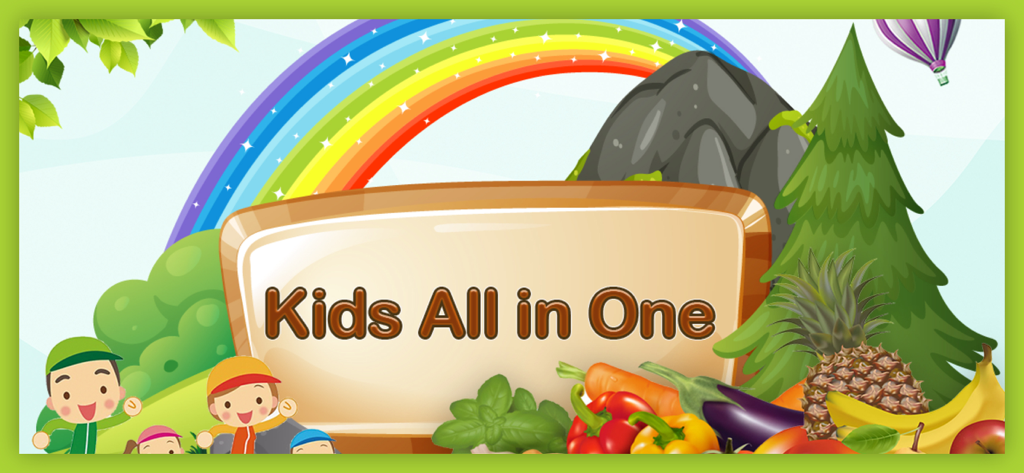 Colorful banner for Kids All in One Pro educational app featuring cartoon children a rainbow and various fruits and vegetables