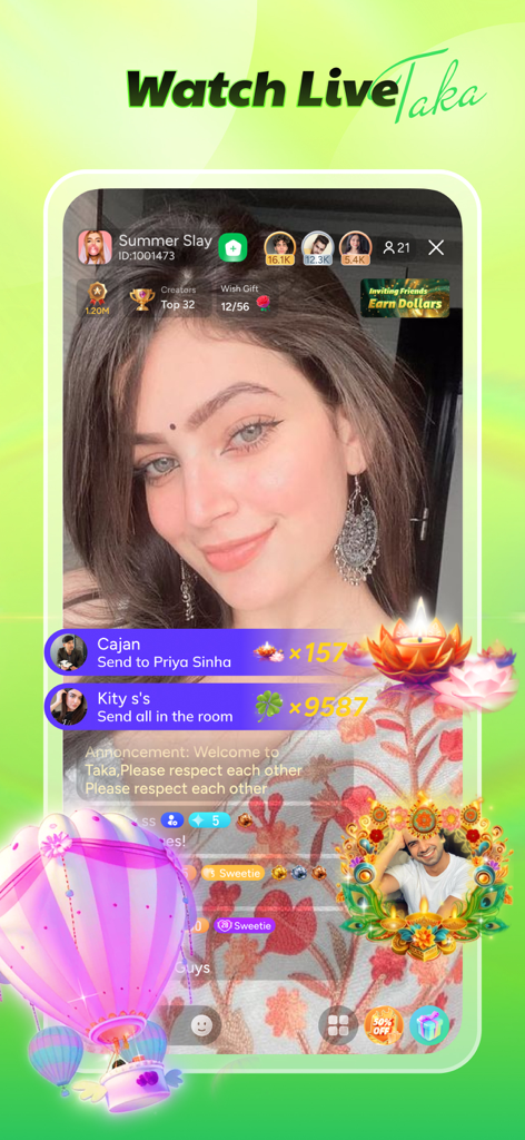 Uma sessão de transmissão ao vivo no aplicativo Taka apresentando uma criadora feminina e efeitos de presentes virtuais animados.