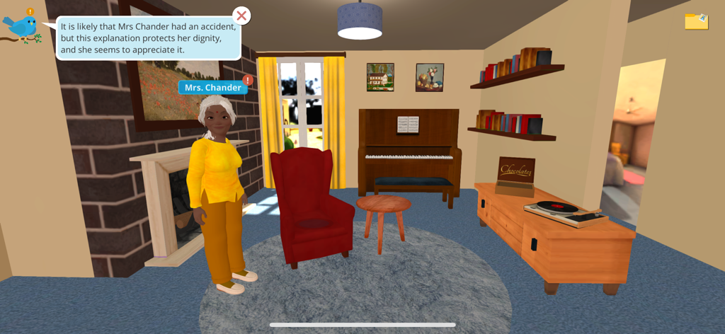 CarePlay - 케어플레이 앱의 시뮬레이션 시나리오, 존엄성 유지를 중심으로 한 거주자 상호 작용을 보여줌